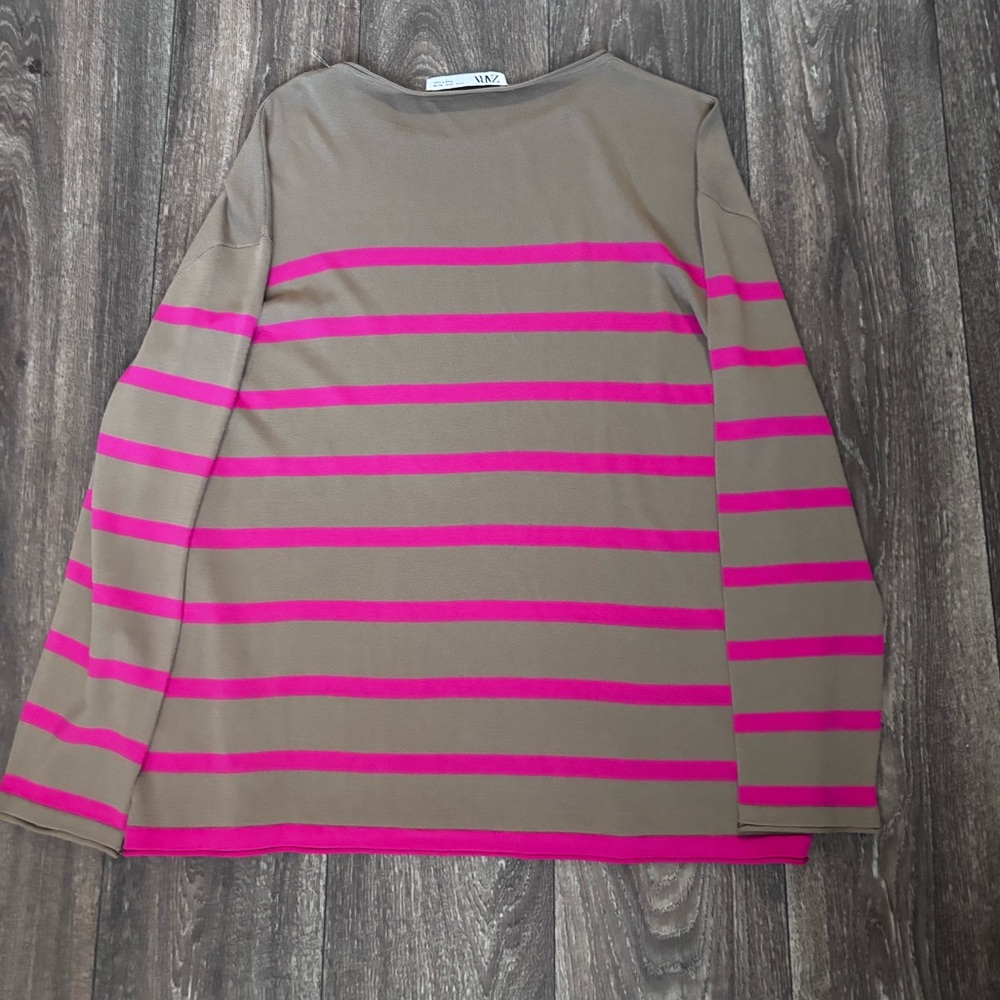Zara Hot Pink and Beige striped long-sleeve top-0443